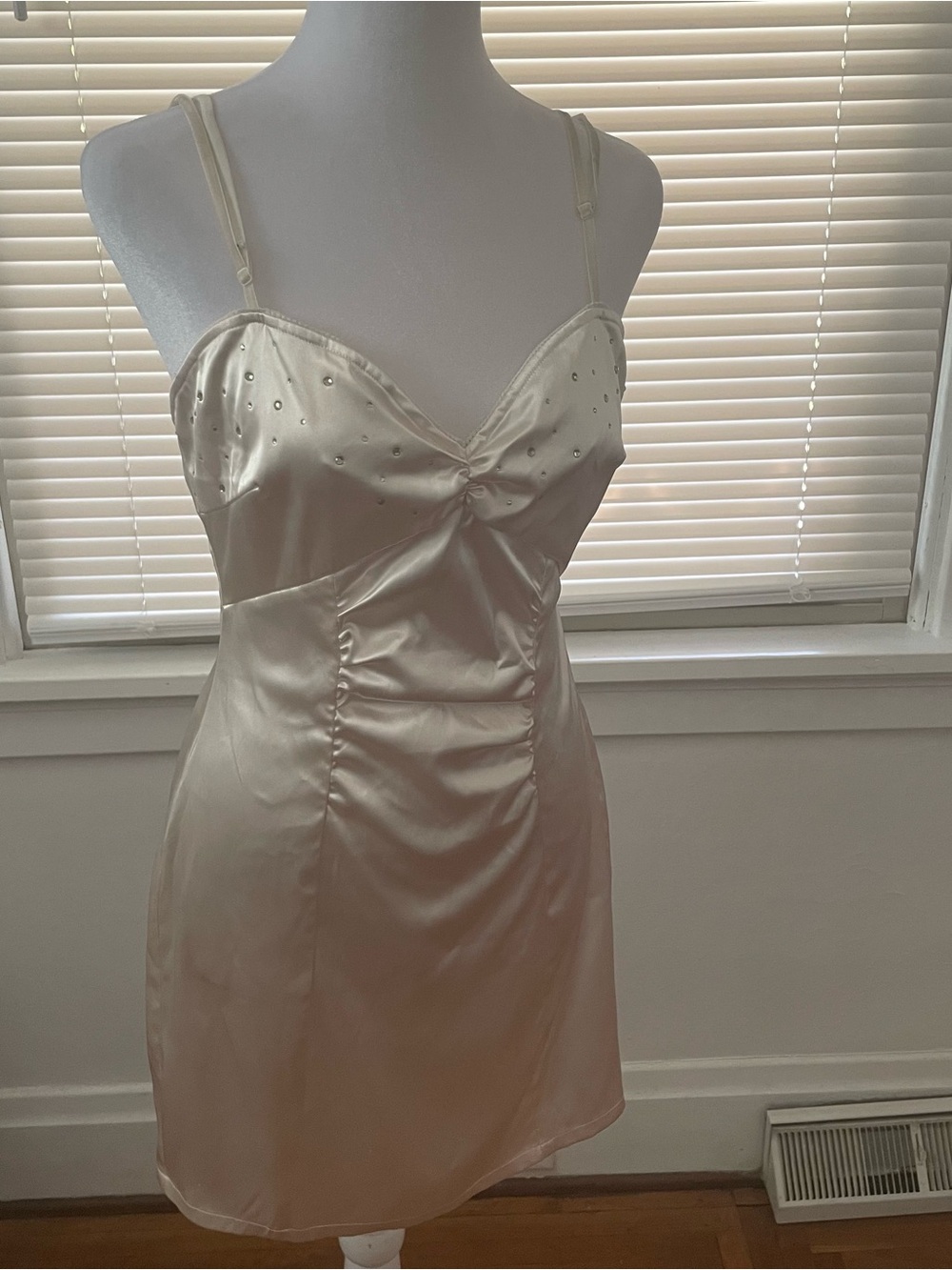 Y2K Vintage Guess Cream Satin Mini Slip Dress with Embellished Cups